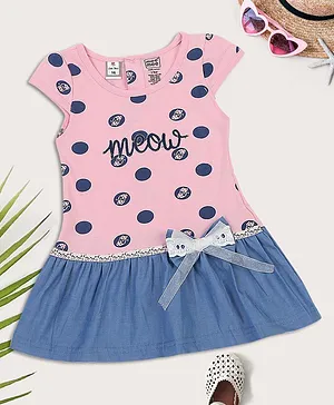 Mee Mee Short Sleeves Meow & Polka Dots Print Bow Applique Gathered Dress - Pink & Blue