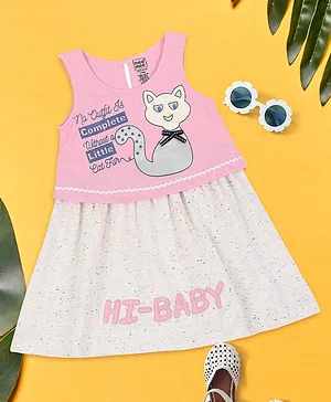 Mee Mee Sleeveless Cat Print Text Patch Dress - Pink