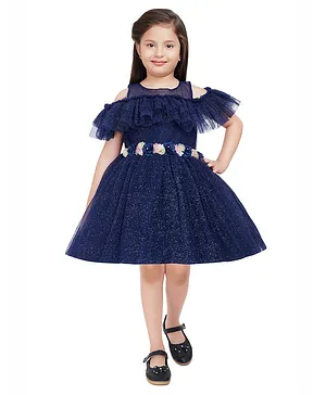 Betty By Tiny Kingdom Cold Shoulder Half Sleeves Floral Applique Waist Detailing Fit & Flare Party Wear Dress - Blue