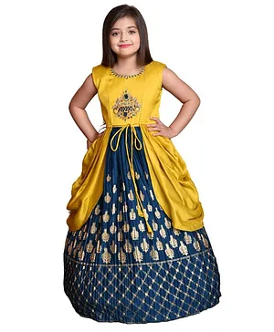 Betty By Tiny Kingdom Sleeveless Stone Embellished Patch Detail And Foil Print Motif Detail Pleated Style Party Gown - Blue Yellow