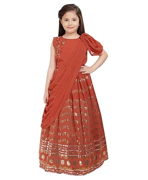 Betty By Tiny Kingdom Sleeveless Sequins & Beads Embellished Gown With Attached Dupatta - Rust Brown
