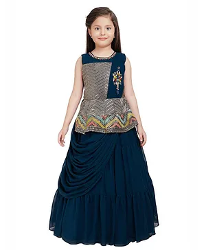 Betty By Tiny Kingdom Sleeveless Embroidered & Embellished Bodice With Applique Peplum Style Party Wear Gown - Blue