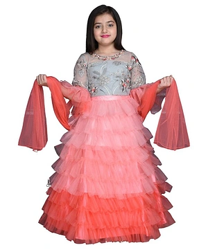 Betty By Tiny Kingdom Three Fourth Bell Sleeves Floral Embroidered & Embellished Layered Tulle Choli & Lehenga With Dupatta - Grey Pink & Red