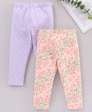 Babyhug Full Length Knit Leggings Floral & Polka Print Pack Of 2 - Peach Lilac Purple