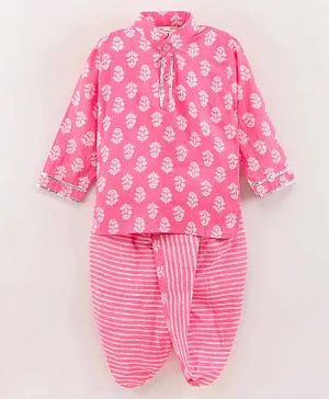 Teentaare Full Sleeves Cotton Kurta & Dhoti Set Printed- Pink