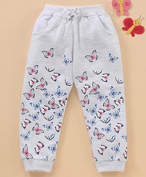 Babyhug Full Length Cotton Ribbed Waist Lounge Pant with Butterfly Print and Bow Applique - White Melange