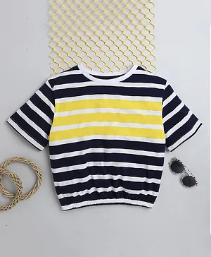DALSI Half Sleeves Striped Bottom Elastic Crop Top - Navy Blue & Yellow White