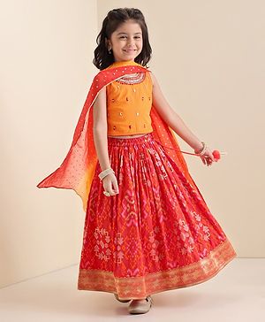 Babyhug Woven Sleeveless Embroidere Choli With Bandhani Printed Lehenga And Dupatt - Red