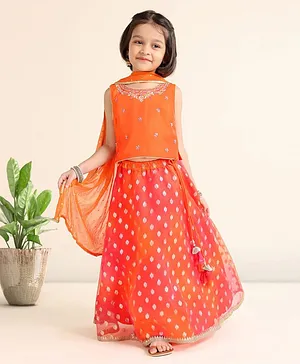 Babyhug Sleeveless Printed Choli & Lehenga Set With Dupatta & Embellishment - Orange