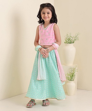 Babyhug Sleeveless 3D Embroidered Choli with Foil Print Lehenga and Shaded Embossed Print Dupatta Set- Pink & Mint