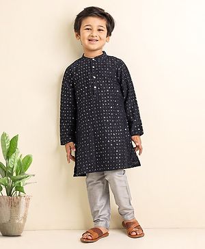 Babyhug Full Sleeves Kurta Pyjama Set Embroidered - Navy Blue