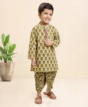 Babyhug Cotton Woven Full Sleeves Kurta & Dhoti Set Ethnic Print - Light Olive
