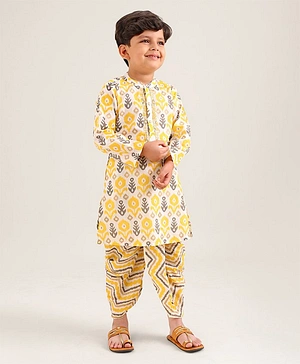 Babyhug Cotton Woven Full Sleeves Ethnic Printed  Kurta & Dhoti Set - Yellow & White
