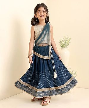 Babyhug Woven Sleeveless Sequins Choli WIth Lehenga & Dupatta - Teal