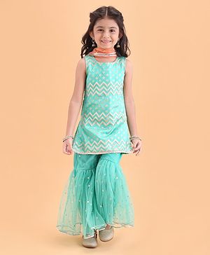 Babyhug Woven Sleeveless Ethnic Printed Kurti & Sharara Set with Dupatta - Sky Blue