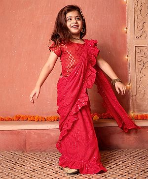 Babyhug Short Sleeves Blouse & Sequinned Ruffle Saree Set - Red