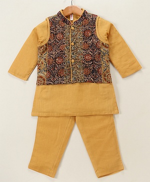 Babyhug Cotton Woven Full Sleeves Solid Kurta & Pajama Set with Waist Coat Floral Print- Mustard Yellow