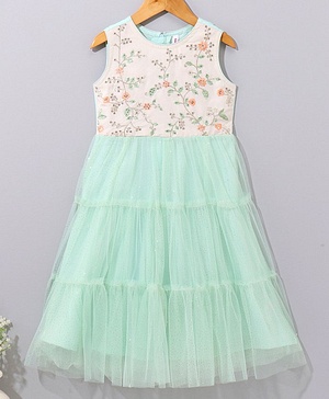 Babyhug Sleeveless Ethnic Dress Floral Embroidery & Sequin Detailing - Sea Green White