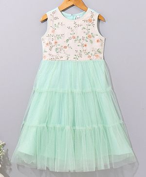 Babyhug Sleeveless Ethnic Dress Floral Embroidery & Sequin Detailing - Sea Green White