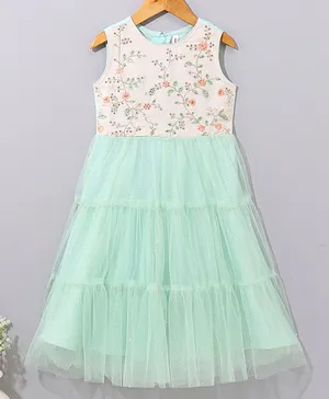 Babyhug Sleeveless Ethnic Dress Floral Embroidery & Sequin Detailing - Sea Green White