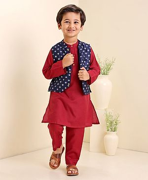 Babyhug Cotton Woven Full Sleeves Kurta & Pajama Set With Waist Coat Ethnic Print - Maroon