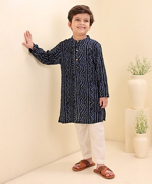 Babyhug Cotton Woven Full Sleeves Kurta & Pajama Set Ethnic Print - Navy