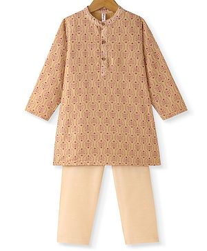 Babyhug Cotton Woven Full Sleeves Kurta & Pajama Set Ethnic Print - Beige