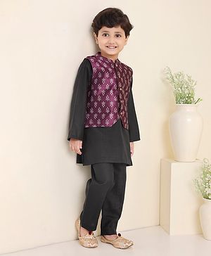Babyhug Cotton Woven Full Sleeves Kurta & Pajama Set With Waistcoat Ethnic Print - Black