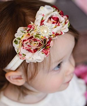 Akinos Kids Pearls & Studded Stone Patched Floral Printed Chiffon Rosette Detail Headband - Cream