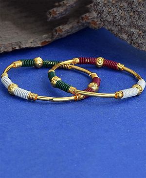 Akinos Kids Beaded Nazariya Pair Of Bangles - Gold