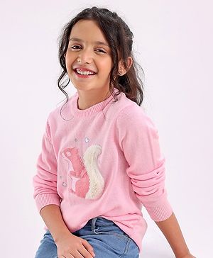 Pine Kids Full Sleeves Medium Winter Pullover Squirrel Print & Embroidery - Pink
