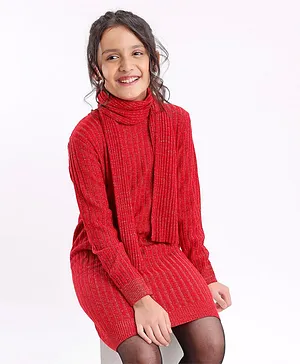 Pine Kids Full Sleeves Woolen Dress With Scarf Medium Winter - Red