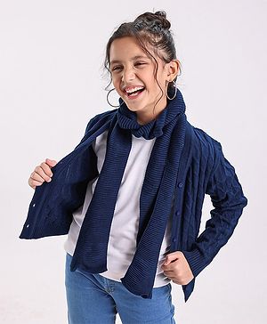 Pine Kids Full Sleeves  Light Winter Sweater & Muffler Set Solid- Navy Blue