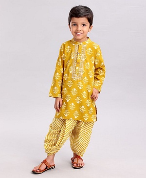 Babyhug Full Sleeves Woven Printed Kurta & Dhoti Set - Mustard Yellow
