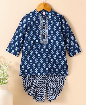 Babyhug Cotton Woven Full Sleeves Kurta & Dhoti Set Ethnic Print - Navy Blue
