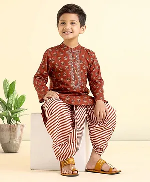 Babyhug Full Sleeves Kurta and Dhoti Set Ethnic Print - Maroon