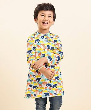 Babyhug Cotton Woven Full Sleeves Animal Printed Kurta - Yellow