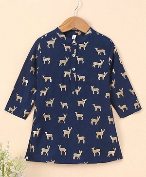 Babyhug 100% Cotton Woven Full Sleeves Ethnic Kurta Fawn Printed - Blue