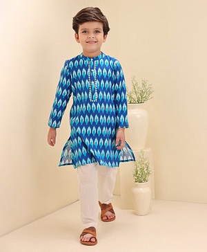 Babyhug Cotton Woven Full Sleeves Kurta & Payjama Set Ikkat Print - Blue Babyhug Cotton Woven Full Sleeves Kurta & Payjama Set Ikkat Print - Blue