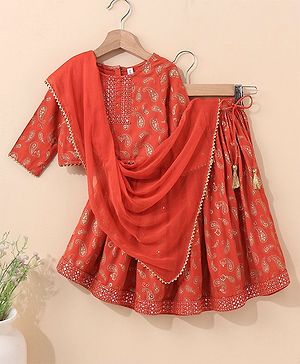 Babyhug Three Fourth Sleeves Choli With Lehenga & Dupatta Brocade Print - Orange