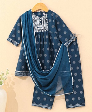 Babyhug Half Sleeves Kurti & Pant Set With Dupatta Floral Print - Navy Blue