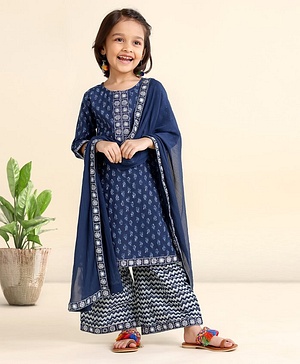 Babyhug Three Fourth Sleeves Cotton Embroidered Kurti & Palazzo Set With Dupatta Printed- Navy Blue
