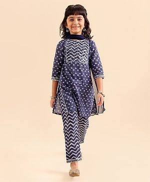Babyhug Three Forth Sleeves Kurta And Churidar Set With Dupatta Floral Print - Navy Blue