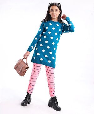 Pine Kids Moderate Winter Wear Full Sleeves Pullover Sweater & Leggings - Blue Pink