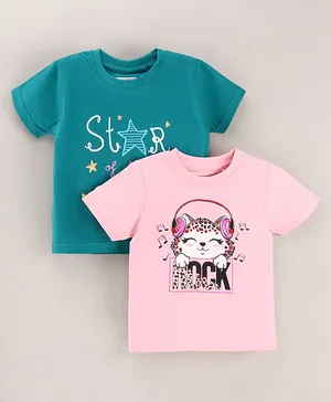 BUMZEE Pack Of 2 Half Sleeves Unicorn & Kitty Printed Tees - Teal & Pink