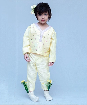 SnuggleMe Full Sleeves Small Flower Motif Embroidered Short Kurta With Pants - Light Yellow