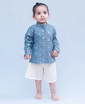 SnuggleMe Full Sleeves Ethnic Chanderi Zari Dots Shirt with Shorts - Grey