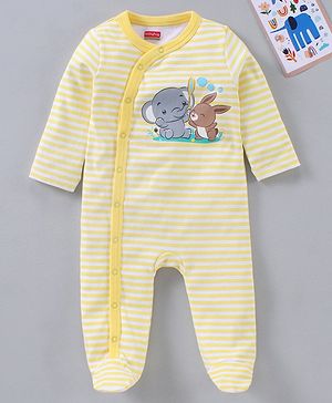 Babyhug Full Sleeves Footed Stripe Sleepsuit Animal Print - White Light Yellow