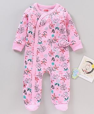 Babyhug Cotton Knit Full Sleeves Footed Sleepsuit Floral Print - Pink