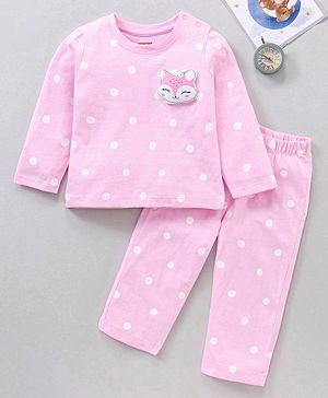 Babyhug Polka Dot Full Sleeves Night Suit Fox Applique - Pink